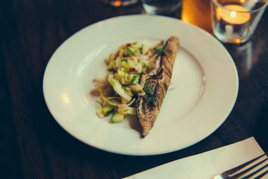 Plate with torched mackerel, rhubarb and fennel salad served at The York Norwich